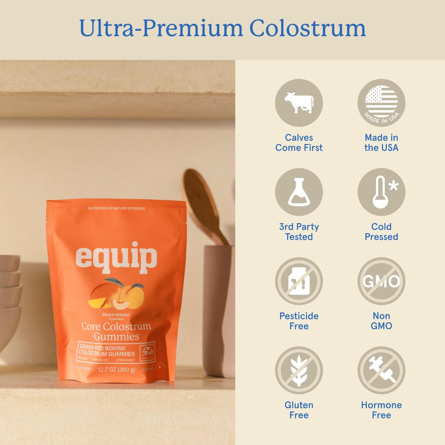 Equip Foods Core Bovine Colostrum Powder - 3,000mg Grass Fed Colostrum Supplement - Gut Health, Immunity, Recovery Lactoferrin Supplements - Keto Friendly Bovine Colostrum, 30 Servings, Unflavored
