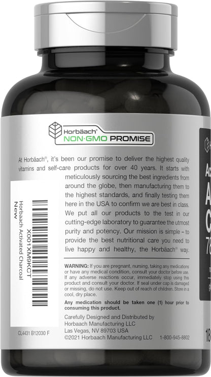 Horbaach Charcoal Pills 780mg | 180 Capsules | Activated Charcoal from Coconut Shells