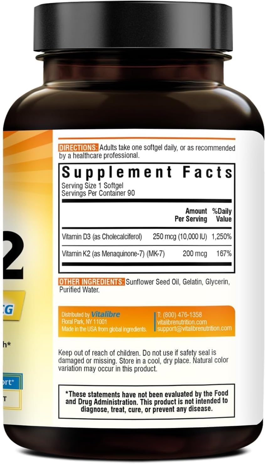 Vitalibre Vitamin D3 K2 Supplement, Vitamin D3 10000 IU & 200 mcg K2 MK7 | Enhanced Calcium Absorption, Bone, Heart, Immune & Mood Support, No Soy, Easy to Swallow, 90 Softgels