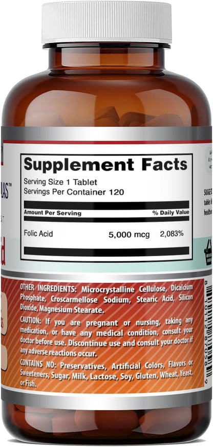 Amazing Formulas Folic Acid 5000 Mcg per Serving | Tablets Supplement | Non-GMO | Gluten-Free | Made in USA (1 Pack | 120 Count)