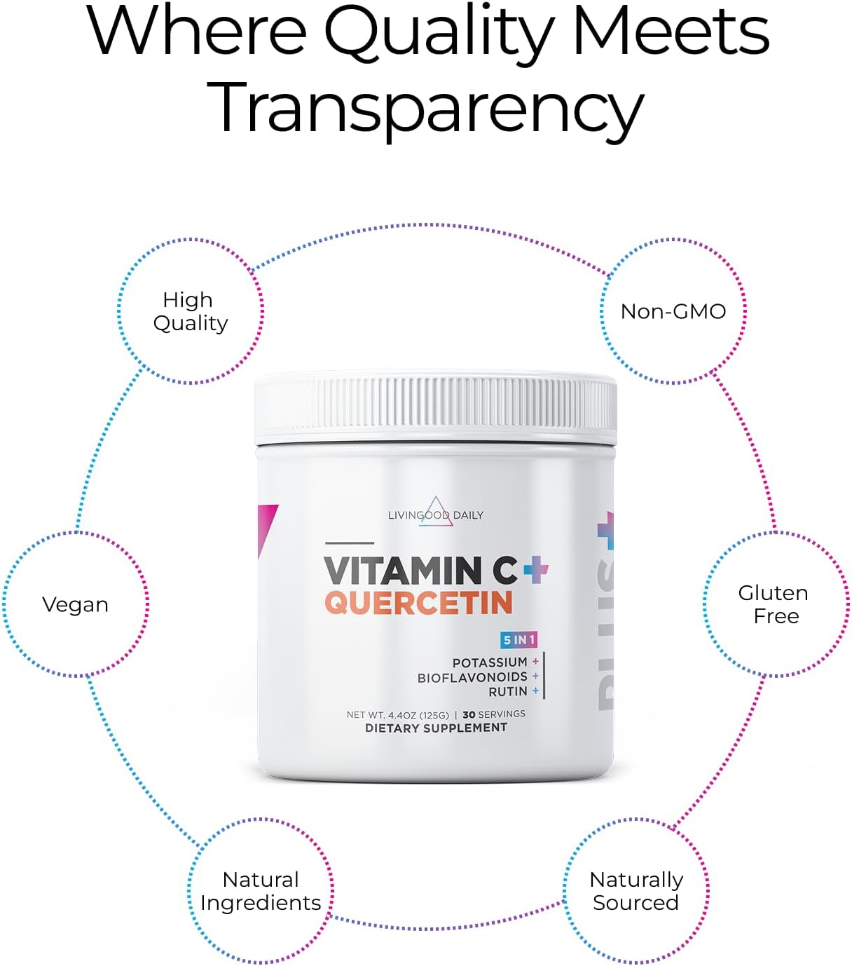 Livingood Daily High Dose Vitamin C Powder Supplement, 2,600 MG Ascorbic Acid Powder Supports Immunity & Skin Health, Powdered Vitamin C with Quercetin, Sweetened with Stevia, Vegan, 30 Servings