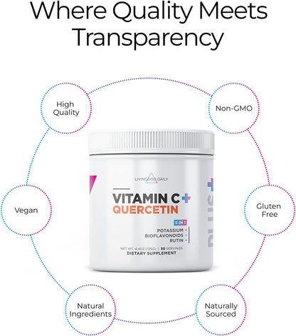 Livingood Daily High Dose Vitamin C Powder Supplement, 2,600 MG Ascorbic Acid Powder Supports Immunity & Skin Health, Powdered Vitamin C with Quercetin, Sweetened with Stevia, Vegan, 30 Servings
