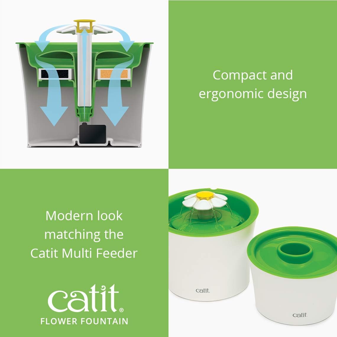 Catit Flower Fountain with Triple Action Filter, Cat Drinking Water Fountain, 3 L, Green | Cat Drinking Water Fountain