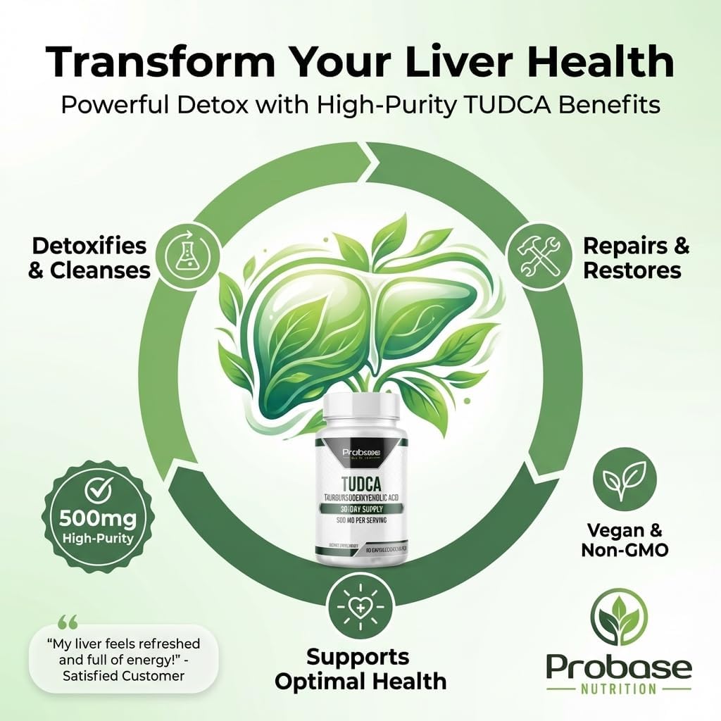 Probase Nutrition TUDCA – Premium Liver Support, Cleanse, Detox and Repair Supplement – 500mg Per Serving – 60 Capsules – High Purity Bile Salt Formula – Vegan, Non-GMO
