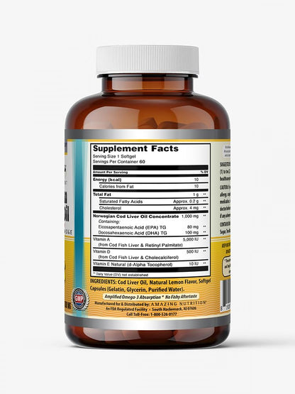 Amazing Omega Norwegian Cod Liver Oil 1000 Mg 250 Softgels | Lemon Flavor