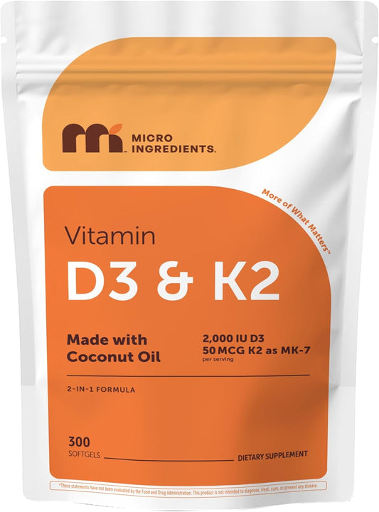 Micro Ingredients Vitamin D3 2,000 IU + K2 MK-7 50 mcg, 300 Softgels | Made with Coconut Oil | 2-in-1 Formula | Easy to Swallow, Non-GMO