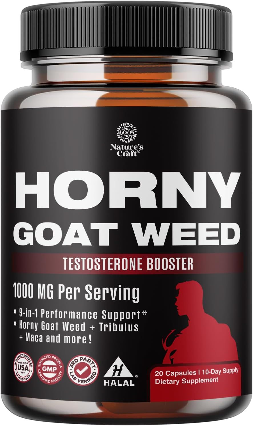 Horny Goat Weed for Male Enhancement - Testosterone Booster Supplement for Men - 1000mg per serving Complex with Tongkat Ali Saw Palmetto Extract & Panax Ginseng - Black Maca Root for Stamina & Energy