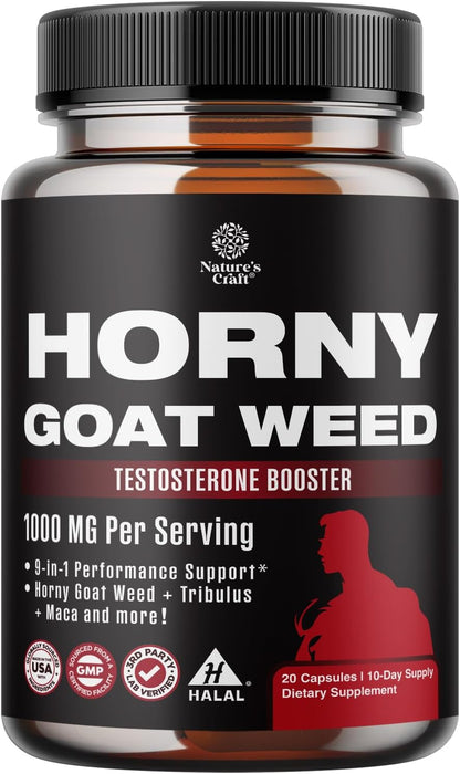 Horny Goat Weed for Male Enhancement - Testosterone Booster Supplement for Men - 1000mg per serving Complex with Tongkat Ali Saw Palmetto Extract & Panax Ginseng - Black Maca Root for Stamina & Energy