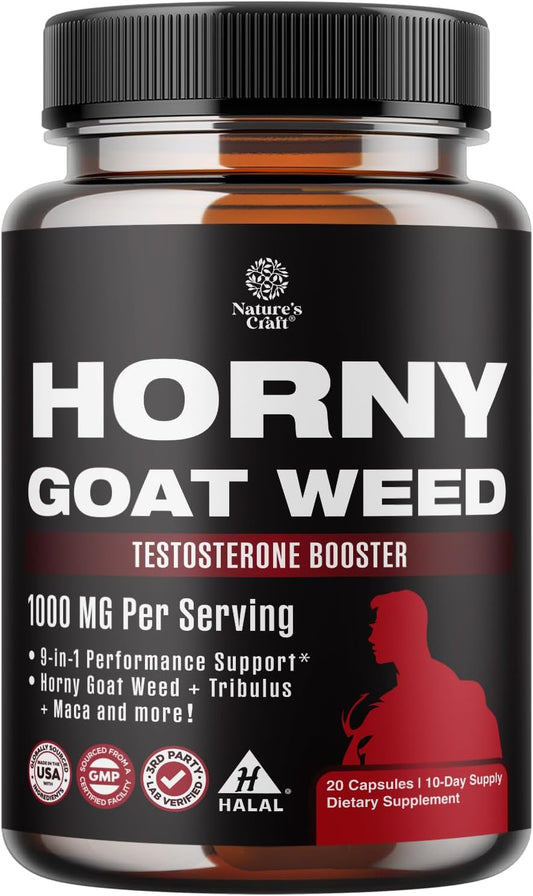 Horny Goat Weed for Male Enhancement - Testosterone Booster Supplement for Men - 1000mg per serving Complex with Tongkat Ali Saw Palmetto Extract & Panax Ginseng - Black Maca Root for Stamina & Energy