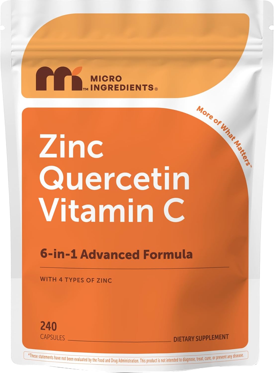 Micro Ingredients Quercetin with Vitamin C & Zinc, 240 Capsules | 6‑in‑1 Formula with Quercetin, Vitamin C & 4 Zinc Forms (Picolinate, Citrate, Glycinate, Gluconate) | Non‑GMO