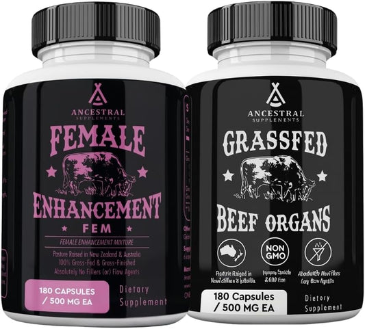 Ancestral Supplements Beef Organs & FEM Bundle for Women – Supports Hormone Balance, Energy, Skin & Overall Wellness – Grass Fed, Pasture Raised Multivitamin with Whole-Food Nutrients & Targeted Femal