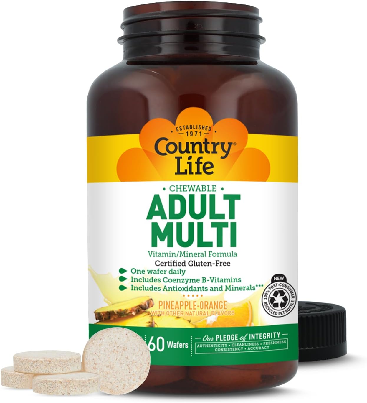 Country Life Adult Chewable Multivitamin with Coenzyme B-Vitamins, Antioxidants, Minerals, Pineapple-Orange Flavor - Supports Energy Metabolism and Immune Health, Gluten Free - 60 Wafers