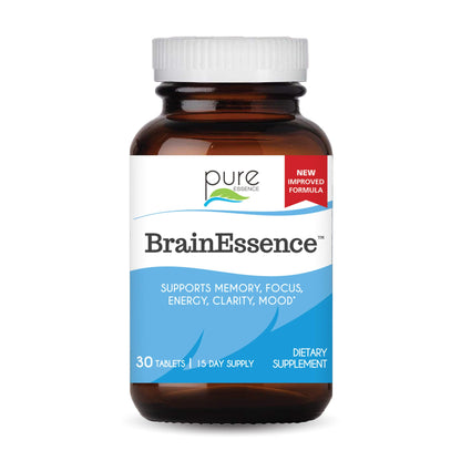 PURE ESSENCE LABS Brain Essence - Memory Supplement & Vitamin for Men, Women & Adults - Herbal Booster for Memory, Focus, Clarity & Stress Relief - Bacopa Monnieri, Ashwagandha & More (60 Tablets)