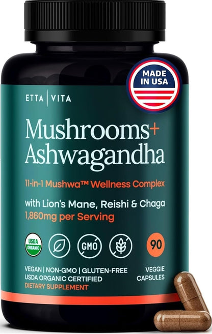 USDA Organic Lions Mane Supplement Capsules with Ashwagandha, Chaga, Reishi, Cordyceps, Turkey Tail - 10x Adaptogenic Mushroom Complex as Focus Supplement - Energy, Immunity & Nootropic