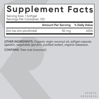 Sports Research High Potency Zinc Picolinate 30mg with Organic Coconut Oil | Highly Absorbable Zinc Supplement for Healthy Immune & Enzyme Function - Non-GMO Tested & Gluten-Free (90 Liquid Softgels)