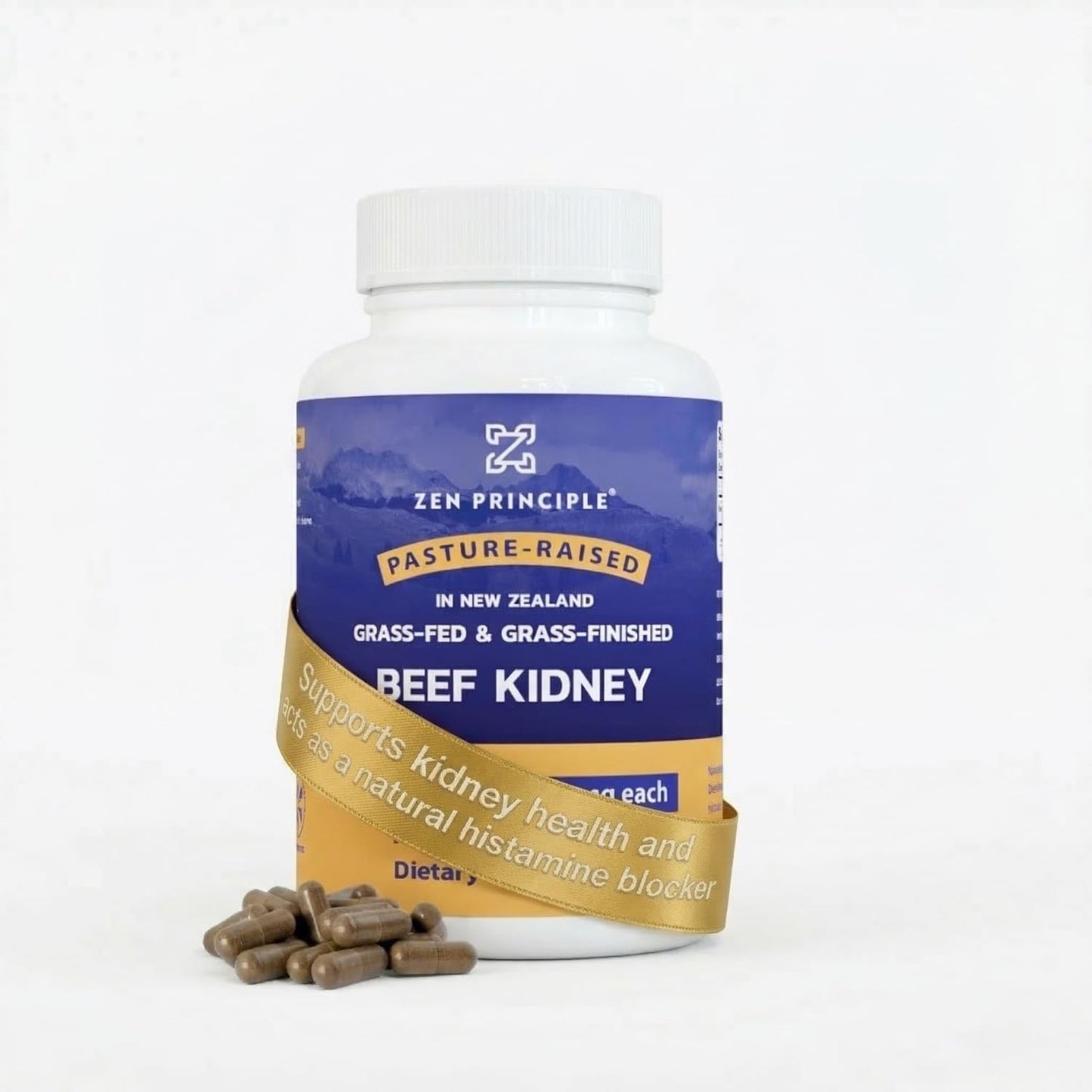 Zen Principle Grass Fed Beef Kidney Supplement, 210 Capsules, 3000 mg. DAO Enzyme for Histamine Health. Selenium and B12 for Thyroid Support.