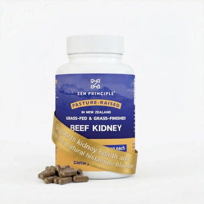 Zen Principle Grass Fed Beef Kidney Supplement, 210 Capsules, 3000 mg. DAO Enzyme for Histamine Health. Selenium and B12 for Thyroid Support.