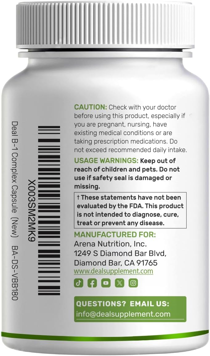 DEAL SUPPLEMENT Vitamin B1 500mg with Benfotiamine, 240 Capsules – 2 in 1 Enhanced Formula – Fat & Water Soluble Thiamine B1 Supplement – Third Party Tested, Non-GMO, No Gluten