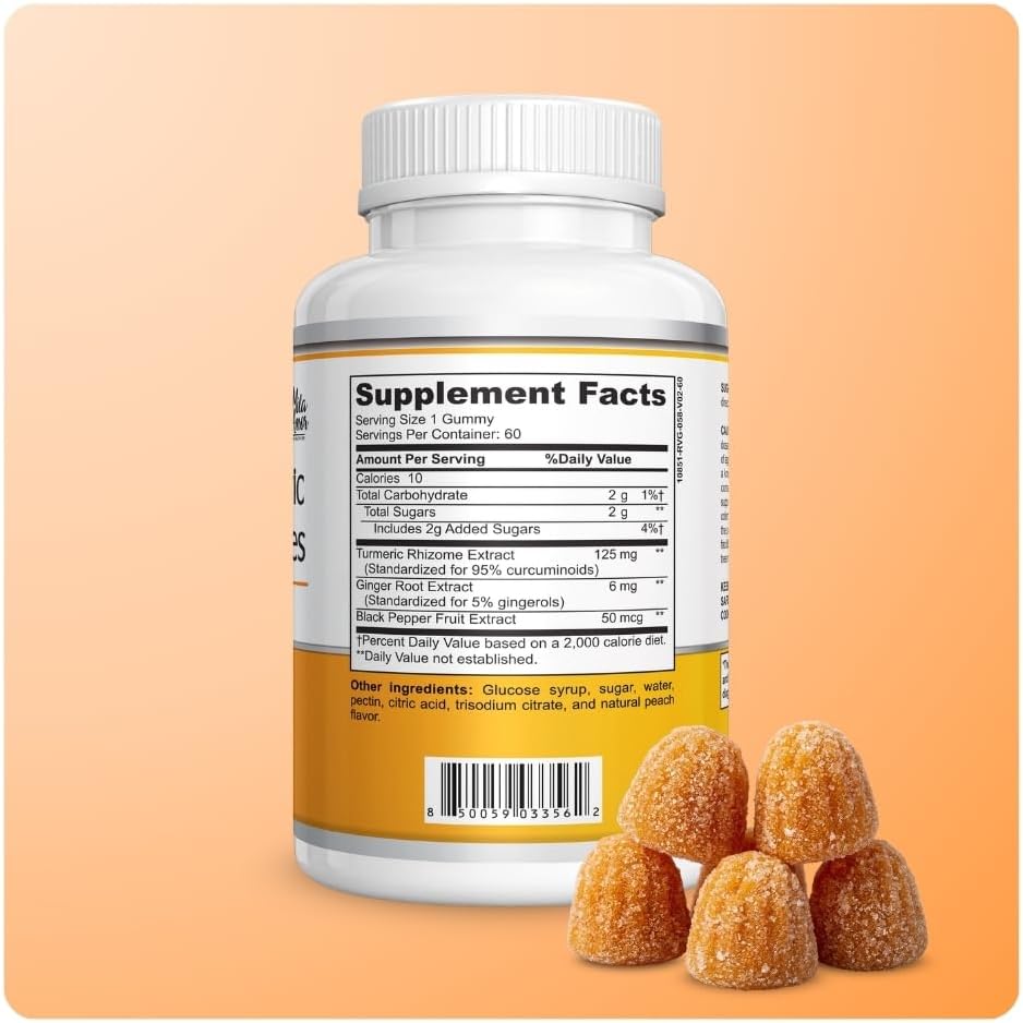 Advanced Turmeric Gummies Supplement with Ginger & Black Pepper Extract, Turmeric Complex, Vegan Dietary Supplement, Peach Flavor, 60 Gummies