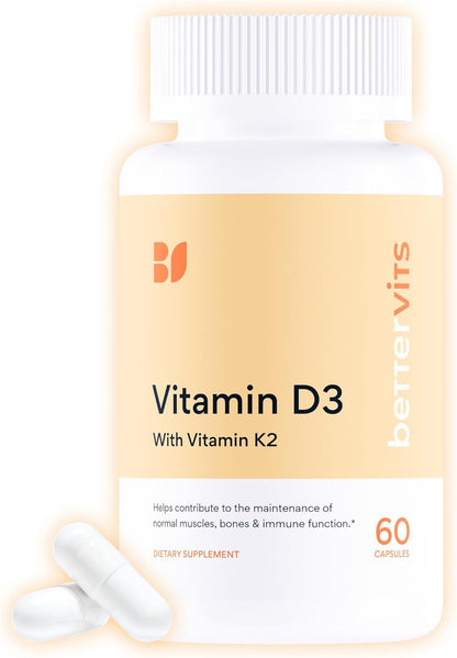 Bettervits Vitamin D3 5000 IU for Women and Men | with High Strength K2 Vitamins for Immune Support and Bone Health | Vitamin D Supplements with Calcium Absorption | 60 Vegetarian Capsules