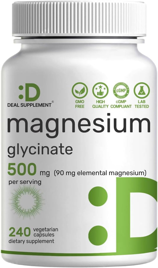 Deal Supplement Magnesium Glycinate 500mg Per Serving, 240 Veggie Capsules | 100% Chelated Magnesium Glycinate, Essential Mineral Supplement for Women & Men. Non-GMO, Gluten Free.