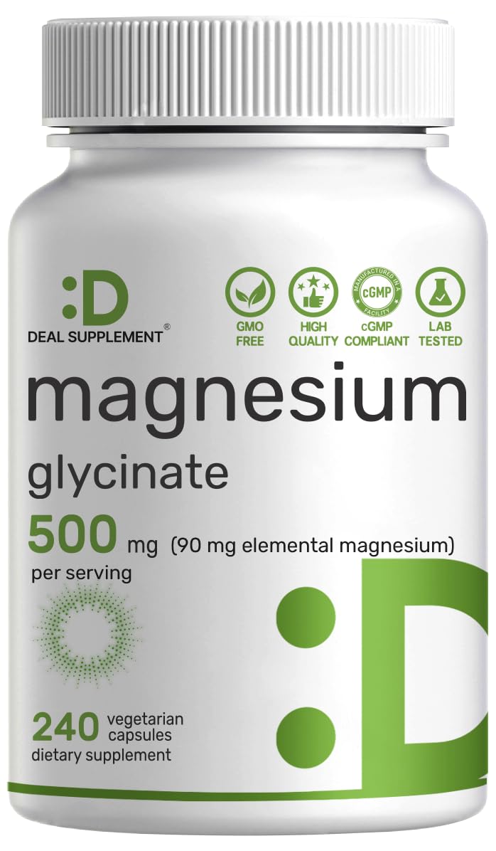 Deal Supplement Magnesium Glycinate 500mg, 240 Veggie Capsules | 100% Chelated for Easy Absorption | Essential Mineral Supplement | Non-GMO, Gluten-Free