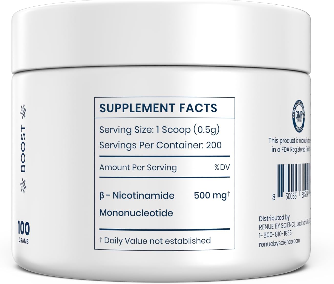 Renue By Science NMN Powder | 100g Fast Dissolve Powder Supplement | 500mg Nicotinamide Mononucleotide per Serving | Manufactured in the USA Third-Party Tested