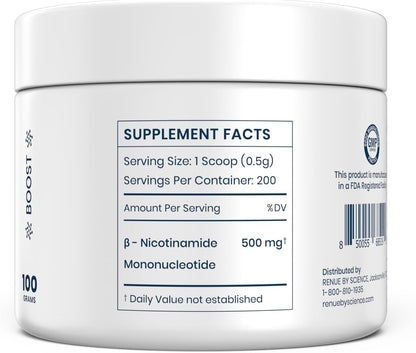 Renue By Science NMN Powder | 100g Fast Dissolve Powder Supplement | 500mg Nicotinamide Mononucleotide per Serving | Manufactured in the USA Third-Party Tested