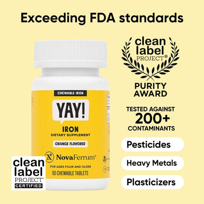 NovaFerrum Yay | Chewable Iron Supplement for Kids & Adults Ages 4 and Over | 18mg of Iron | 90 Servings | Sugar Free | Vegan | Gluten Free | Orange Flavor | For Ages 4+ | Sugar Free, Vegan, Gluten Free Certified | Orange Flavor | 90 Servings