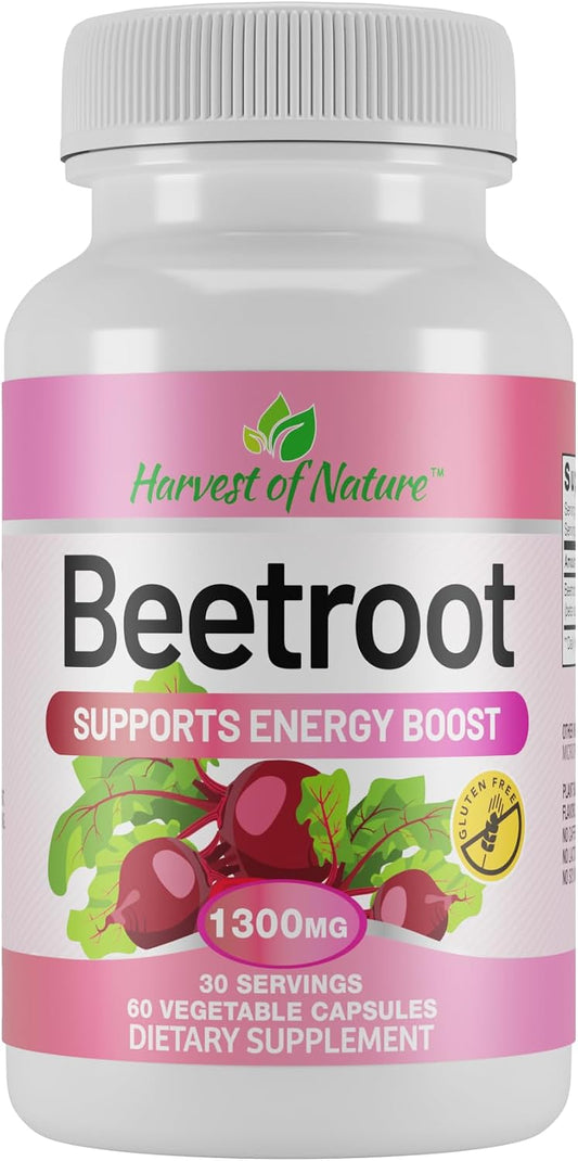 Harvest of Nature Beet Root Supplement 1300mg, 60 Capsules | Beet Root Powder, Energy & Endurance, Cardiovascular Health & Recovery, Vegan, Non-GMO