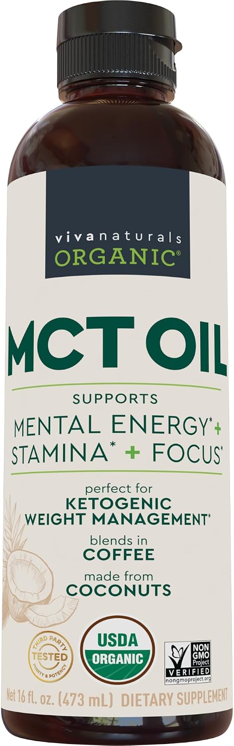 Viva Naturals Organic MCT Oil, 16 fl oz – MCT Oil for Coffee, USDA Organic, Non-GMO, Paleo Certified & Keto Friendly, Supports Energy & Mental Clarity