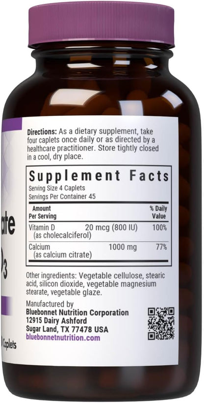 Bluebonnet Calcium Citrate with Vitamin D3 - Daily Bone Health & Strength Plus Immune Support* 1000mg Calcium Supplement for Women & Men - Non-GMO, Gluten-Free - 180 Caplets