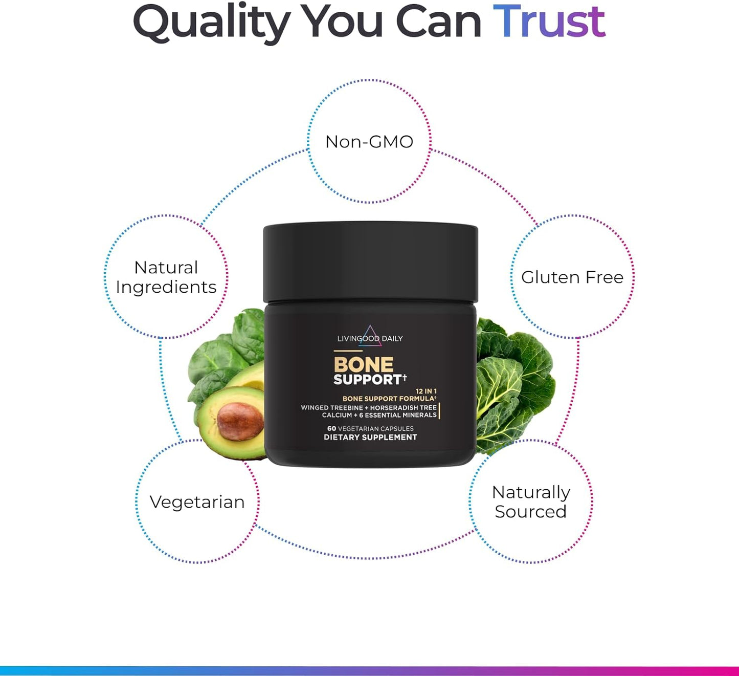 Livingood Daily Calcium Supplement for Women and Men, Bone Support with Vitamin C, Vitamin D3 K2, Magnesium, Zinc, Calcium, Vegetarian Capsules, Non GMO, Gluten Free, 60 Count