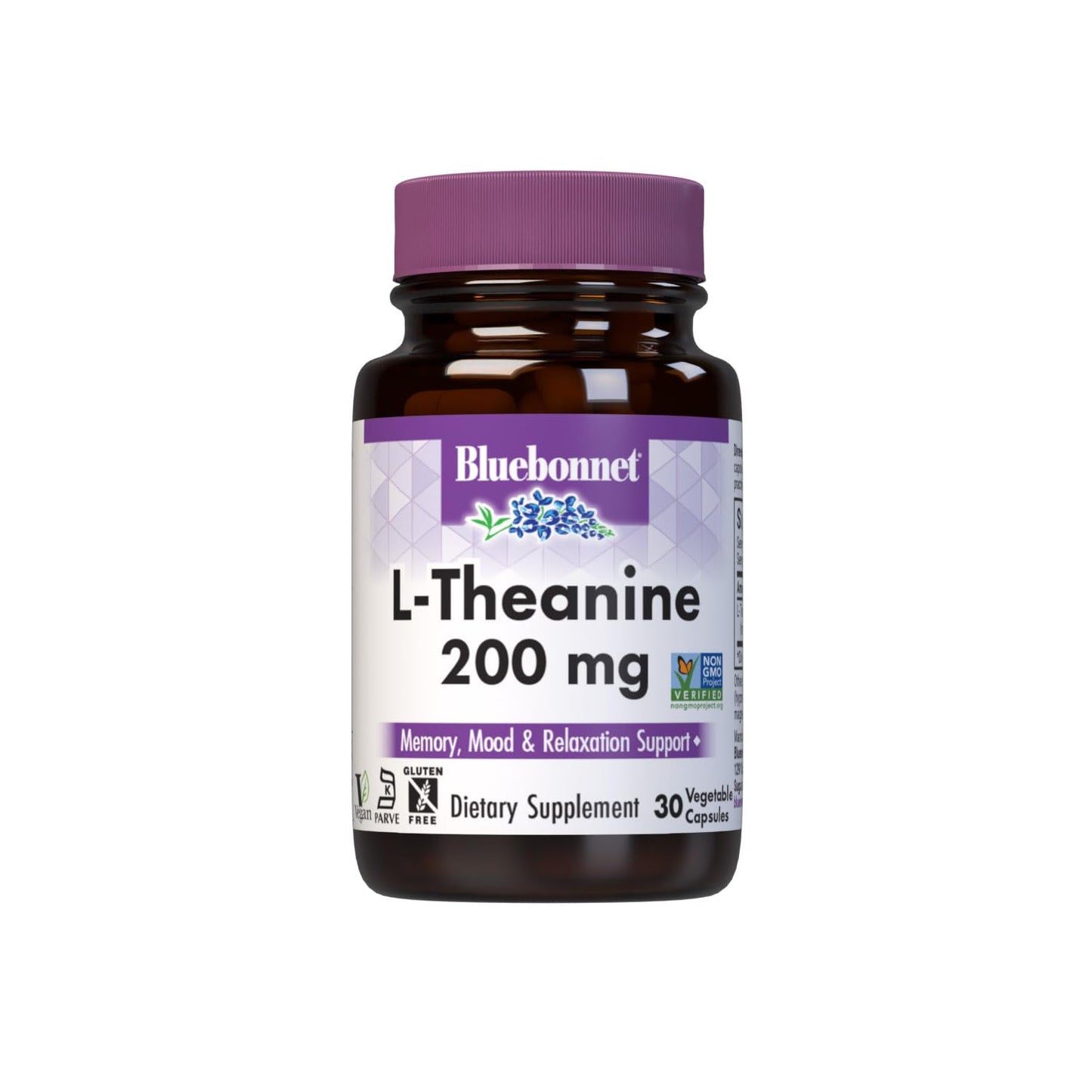 Bluebonnet Nutrition L-Theanine 200mg, Free-Form Amino Acid, Promotes Relaxation*, Soy-Free, Gluten-Free, Non-GMO, Kosher Certified, Vegan, 60 Vegetable Capsules, 60 Servings