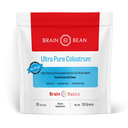 Brain Basics Ultra-Pure Colostrum, 4000mg per Serving, Min 25% IgG antibodies, Gut-Brain-Immune Health, Glowing Hair and Skin. Colostrum Powder from Grass-Fed Cows. 360 Grams - 90 Servings