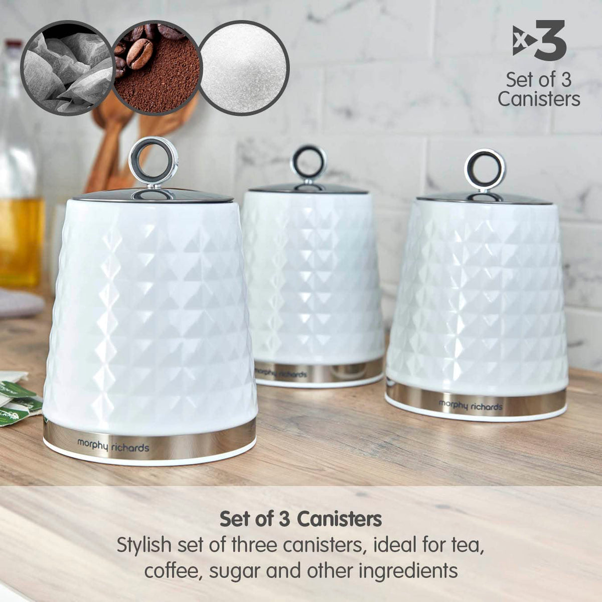 Morphy Richards 978054 Dimensions Set of 3 Round Kitchen Storage Canisters, White
