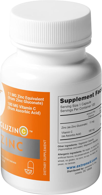 Zinc MG11+VC Immune Formula | Zinc Gluconate 11mg + Vitamin C 180mg | 120 Dye-Free Vegetarian Capsules