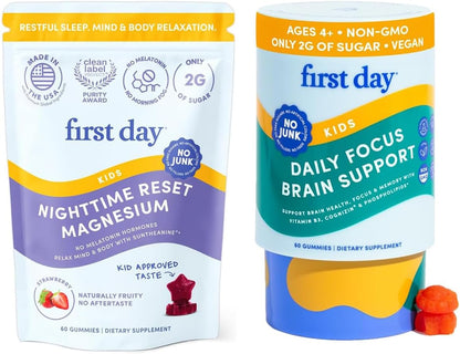 FIRST DAY Kids Calming Gummies (Strawberry) & Brain Focus Gummies (Peach) for Rest & Attention | Mood & Energy | No Melatonin | Stimulant-Free | Clean Label Project Verified® | Vegan | 30-Day Supply