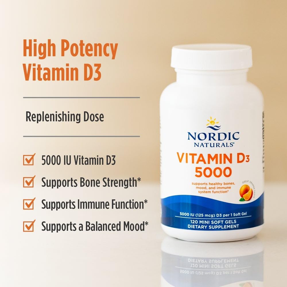 Nordic Naturals Vitamin D3 5000 IU,Non-GMO, Orange - 120 Mini Softgels | High-potency vitamin D3 for bone health, mood support & immune function. One mini softgel daily. Non-GMO. 120 servings
