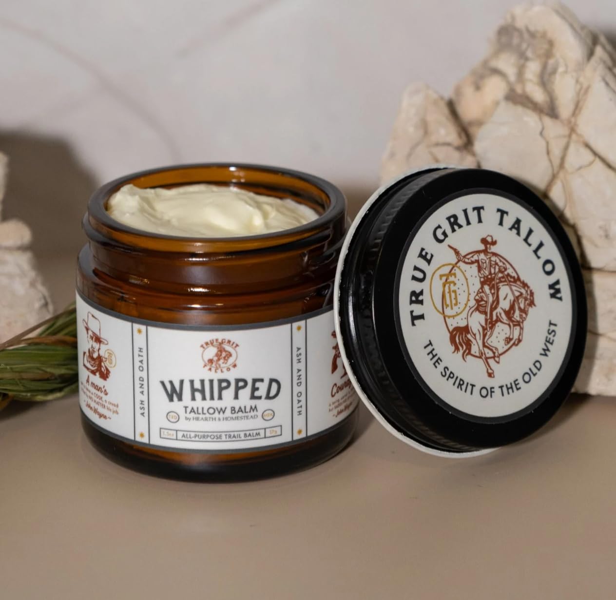 True Grit Beef Tallow for Skin – All-Purpose Moisturizer with Bison Tallow – Cigar and Saddle Scent – John Wayne Inspired Whipped Tallow Balm, Pack of 3