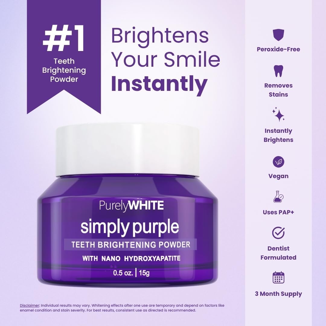PurelyWHITE DELUXE, Updated Design Simply Purple Brightening Powder - Conceals Stains, No Sensitivity - Enamel-Safe Toothpaste Whitening Powder for Coffee, Tea, Food, Wine, and Tobacco Stains.