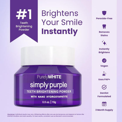 PurelyWHITE DELUXE, Updated Design Simply Purple Brightening Powder - Conceals Stains, No Sensitivity - Enamel-Safe Toothpaste Whitening Powder for Coffee, Tea, Food, Wine, and Tobacco Stains.