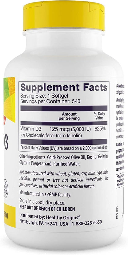Healthy Origins Vitamin D3 5,000 IU, Lanolin, 360 Softgels