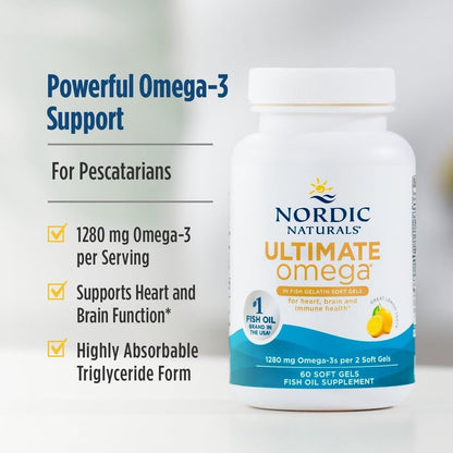 Nordic Naturals Ultimate Omega Fish Gelatin Lemon 1280mg EPA&DHA - 60 Count | Fish gelatin soft gels - pescatarian-friendly. EPA+DHA for brain & heart health. Non-GMO, Lemon flavor, 30 servings