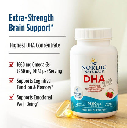 Nordic Naturals DHA Xtra Supplement, 1660mg Omega-3 Fish Oil - 90 Count | 1660mg Omega-3 per serving (2x potency). Supports brain & nervous system health. Non-GMO. Strawberry flavor. 90 servings.