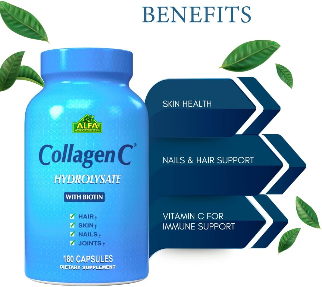 ALFA VITAMINS CollagenC Collagen Hydrolysate Capsules with Biotin - Anti-Aging Nutritional Supplement for Skin, Nails & Hair Rejuvenation - Supports Bone & Muscle - Made in USA - 180 Capsules - 1 Pack