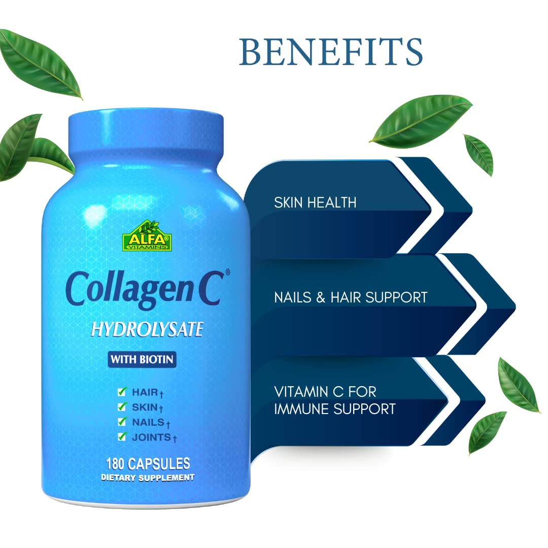 ALFA VITAMINS CollagenC Collagen Hydrolysate Capsules with Biotin - Anti-Aging Nutritional Supplement for Skin, Nails & Hair Rejuvenation - Supports Bone & Muscle - Made in USA - 180 Capsules - 1 Pack