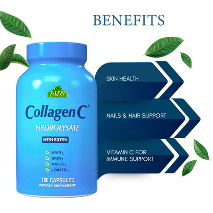 ALFA VITAMINS CollagenC Collagen Hydrolysate Capsules with Biotin - Anti-Aging Nutritional Supplement for Skin, Nails & Hair Rejuvenation - Supports Bone & Muscle - Made in USA - 180 Capsules - 1 Pack