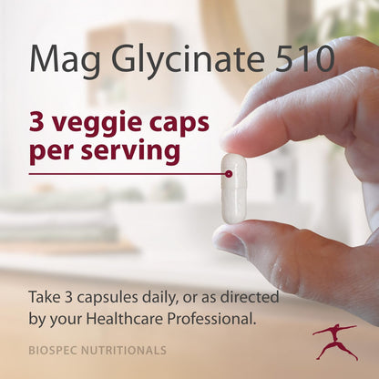 Biospec Nutritionals Mag Glycinate 510 – Magnesium Glycinate – Nutritional Supplement for Stress, Heart Health, Nerves, Muscles, Energy, and Metabolism* - (100 Capsules)