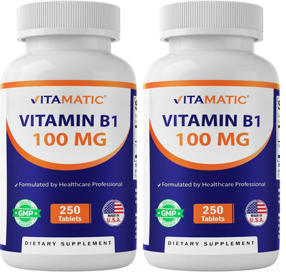 Vitamatic Vitamin B1 100 mg, 250 Tablets, Non-GMO, Thiamine | Support Energy Metabolism & Nervous System Health*, Gluten Free, Made in USA
